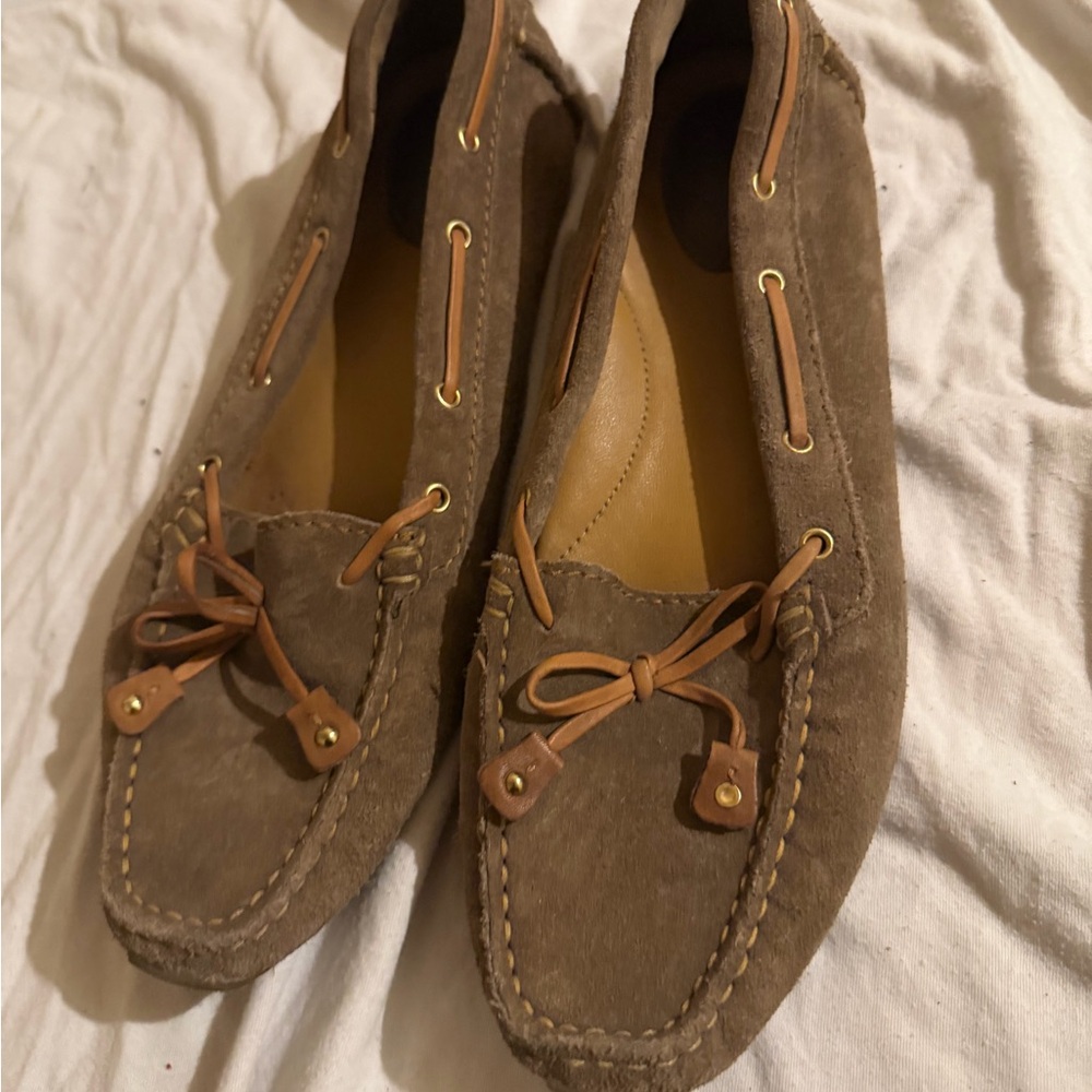 Clark’s olive Suede Moccasins with Bow Detail